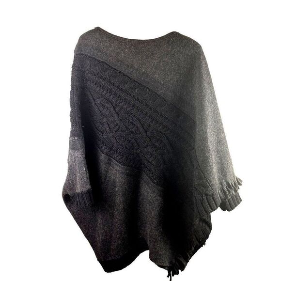 Anthropologie Sleeping On Snow Gray & Black Knit Poncho With Fringe Trim EUC S - Picture 2 of 7